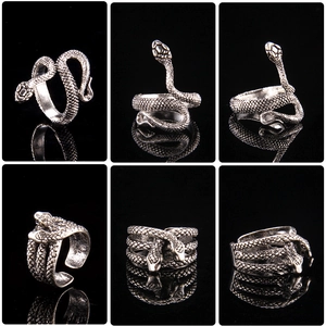 Punk style irregular snake-shaped open rings with vintage silver finish and scale texture