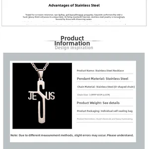 Detail showing JESUS cross pendant with 3mm chain specs and stainless steel material