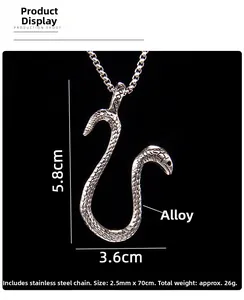 Detailed macro shot of vintage silver snake pendant with scale texture and steel chain
