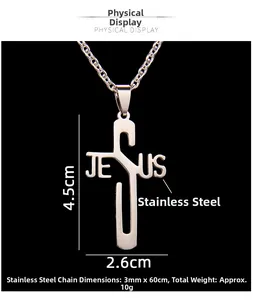 Macro detail of silver stainless steel JESUS cross pendant with size measurements