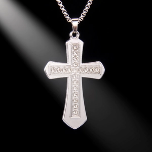 Hip Hop Cross Pendant Necklace Stainless Steel Alloy Rhinestone Inlaid Long Sweater Chain For Men Women Religious Jewelry
