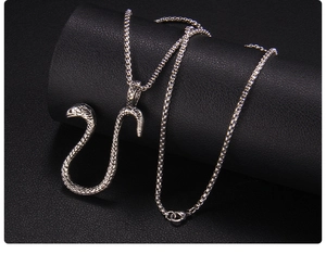 Macro view of silver snake pendant with detailed scales on a textured black surface