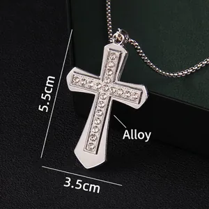 Polished silver cross pendant with double row rhinestones and long bead chain