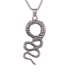 Snake pendant necklace in stainless steel with retro scale textures on white background