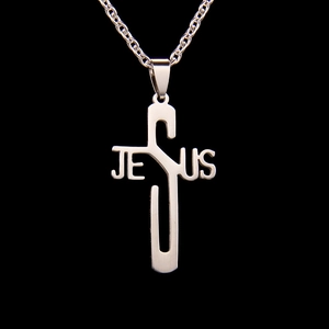 Stainless Steel Jesus Letter Cross Pendant Necklace For Men Women Polished Silver Religious Niche Jewelry O-Chain Accessory