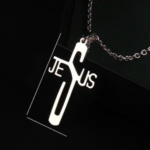 Polished stainless steel Jesus cross necklace pendant 4.5cm high on black background
