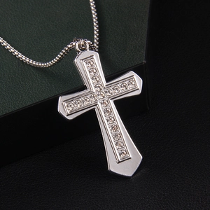 Silver stainless steel cross pendant necklace with sparkling crystals and fine box chain