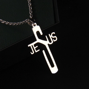 Polished stainless steel JESUS cross pendant necklace with a fine silver metal chain