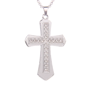 Polished stainless steel cross necklace featuring sparkling rhinestones on silver chain