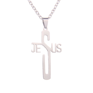 Polished silver stainless steel JESUS cross necklace with cutout letter pendant design
