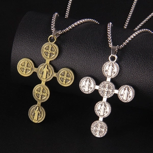 Vintage Gothic St Benedict Cross Pendant Necklace For Unisex Stainless Steel Long Chain Alloy Religious Medal Jewelry