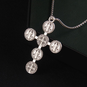 Vintage Gothic St. Benedict round medal cross pendant necklace with long silver chain
