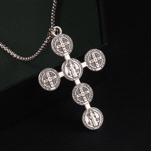 Vintage Gothic St. Benedict cross pendant necklace in antique silver finish