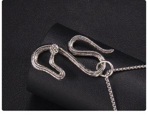 Dettaglio macro di un ciondolo a serpente in argento con catena a maglia box