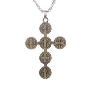 Vintage Gothic St. Benedict round cross pendant necklace in stainless steel