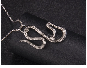 Dettaglio macro di un ciondolo a serpente d'argento con squame e catena a scatola