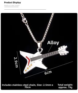 Rock style guitar pendant with star detail, 2.9cm x 6cm size on stainless steel chain