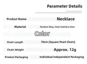 Tableau de tailles détaillant la chaîne de 70 cm et le poids de 12g du collier pendentif