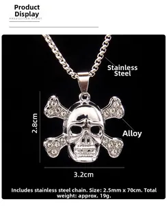 Macro shot of punk skull pendant with rhinestones and detailed dimensions displayed