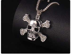 Close-up of silver-tone skeleton pendant with rhinestone eyes on black leather display