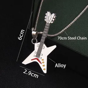 Punk style silver guitar pendant necklace with 70cm steel chain on black leather