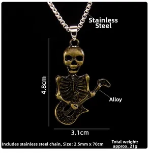 Close-up of retro skeleton guitarist pendant with detailed metal texture and dimensions