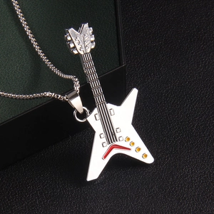 Polished silver electric guitar pendant necklace with red star and yellow dot details