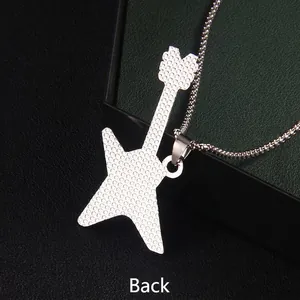 Back view of silver guitar pendant necklace in stainless steel with industrial mesh texture