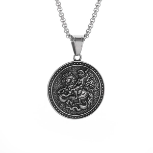 Vintage stainless steel St. George dragon slayer pendant necklace with box chain
