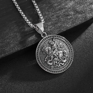 Medieval Retro Stainless Steel Saint George Dragon Slayer Knight Pendant Necklace Relief Coin Charm Jewelry For Men Women