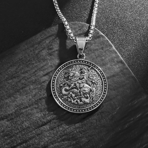 Retro stainless steel St. George dragon slayer pendant necklace on box chain