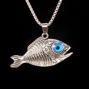 Collier Pendentif Arête de Poisson en Acier Inoxydable Alliage Vintage Perle Mauvais Œil Bleu Chaîne Style Punk Gothique