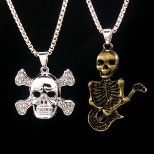 Punk Gothic Skull Skeleton Guitar Pendant Necklace For Men Women Stainless Steel Alloy Rhinestone Long Chain Halloween Jewelry