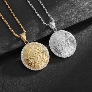 Hip Hop Edelstahl Auge des Horus Anhänger Halskette Gold Silber Galvanisiert Strass Ägyptische Hieroglyphen Schmuck