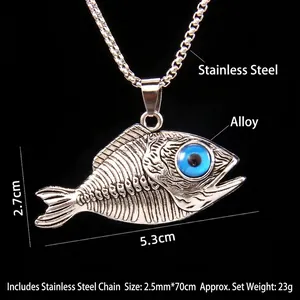 Collier punk vintage avec pendentif arête de poisson à œil bleu et chaîne en acier