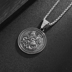 Vintage stainless steel St. George slaying the dragon knight pendant necklace on black leather