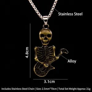 Vintage skeleton playing guitar pendant necklace on stainless steel bead chain