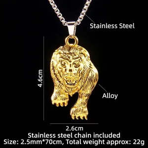 Pendentif tête de lion punk sur chaîne acier inoxydable 70cm avec dimensions précises