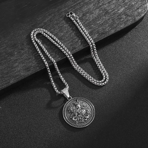 Retro stainless steel Saint George and the Dragon pendant necklace with a durable box chain