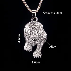 Collier tête de lion punk pour homme en acier inoxydable argenté avec chaîne 70cm