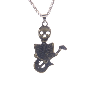 Vintage hip hop skeleton playing guitar pendant necklace with stainless steel long chain