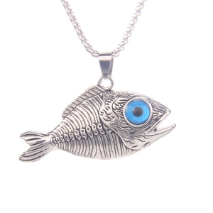 Collier arête de poisson punk vintage avec pendentif œil bleu sur chaîne argent