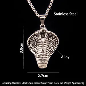 Retro cobra pendant necklace for men with scales texture on long stainless steel bead chain