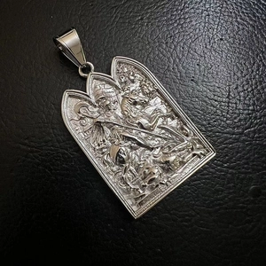 Detailed relief of St. George and the Dragon on a silver gothic arch pendant necklace