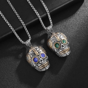 Punk Gothic Skull Pendant Necklace Stainless Steel Vintage Skeleton Head Jewelry For Men Women Rhinestone Eye Cross