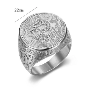 Bague Bitcoin homme en acier titane poli avec strass sertis et largeur de 22mm