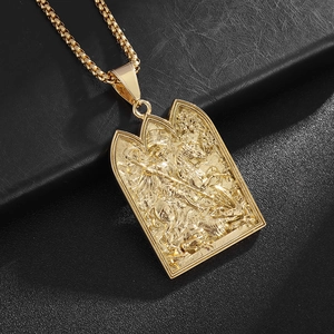 Golden St. George dragon slayer pendant necklace with vintage embossed relief on black leather
