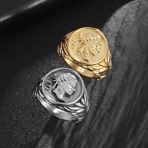 Vintage Roman coin signet rings in gold and silver steel with Caesar portrait