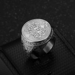 Bague Bitcoin polie pour homme en acier inoxydable avec diamants et gravures latérales