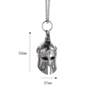 Spartan warrior helmet pendant in antique steel with owl relief, size 52mm by 27mm